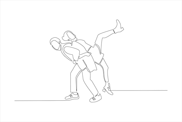 Un dibujo de línea continua de dos personas interactuando lúdicamente una siendo levantada por la otra