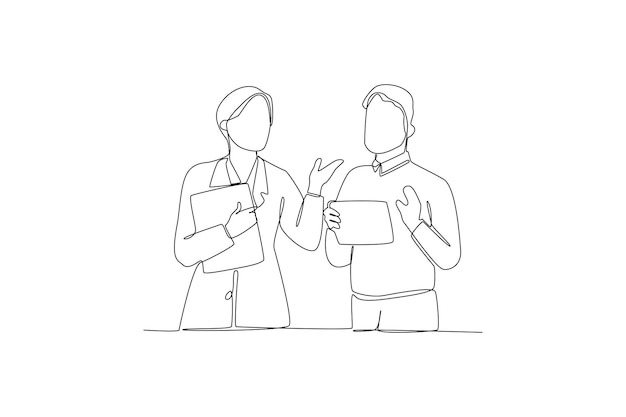 Un dibujo de línea continua de dos trabajadores que están discutiendo un nuevo proyecto de negocio Concepto de capacitación empresarial dibujo de una sola línea de moda