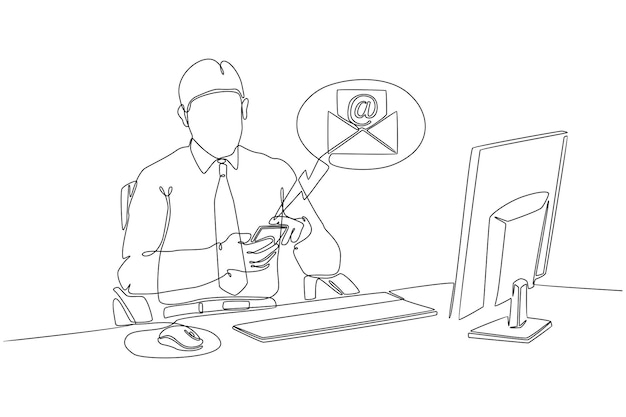 Dibujo de línea continua del empresario en la computadora abriendo hp ver correo electrónico ilustración vectorial