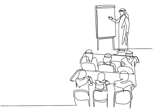 Un dibujo de línea continua de un empresario musulmán hace una presentación de estrategia mientras el equipo de la empresa