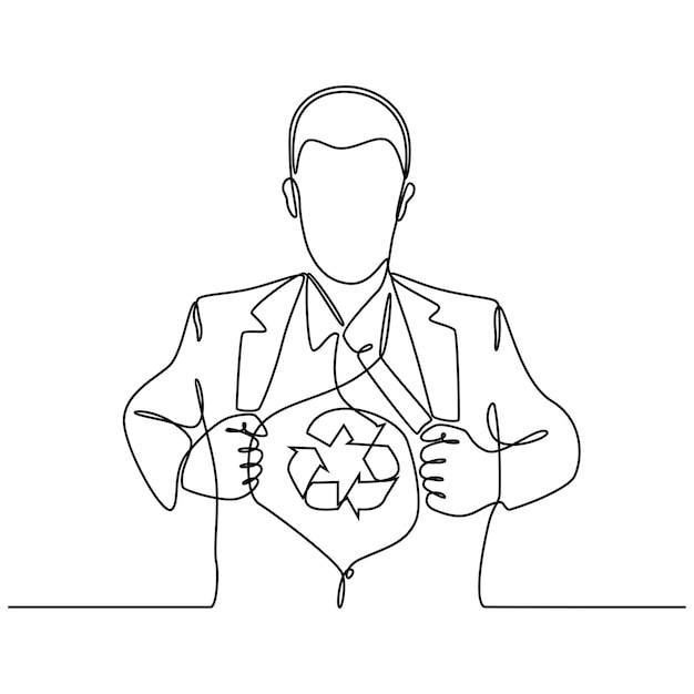 Dibujo de línea continua del empresario rasgando la camisa con la ilustración de vector de signo de reciclaje