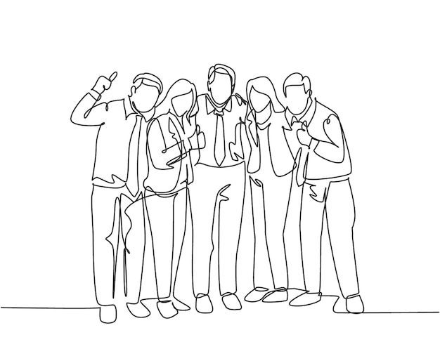 Un dibujo de línea continua de empresarios masculinos y femeninos posando abrazándose unos a otros celebrando