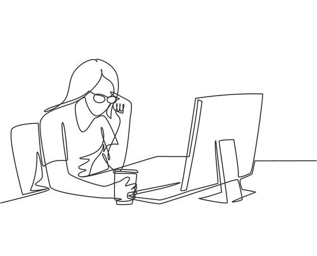 Un dibujo de línea continua del enfoque del gerente pensando y sosteniendo su barbilla usando el vector de diseño de manos
