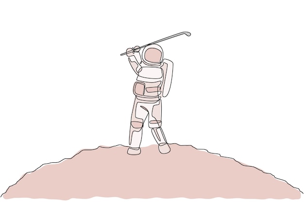 Un dibujo de línea continua de entrenamiento de golf de astronautas en la superficie de la luna gráfico vectorial de galaxias espaciales