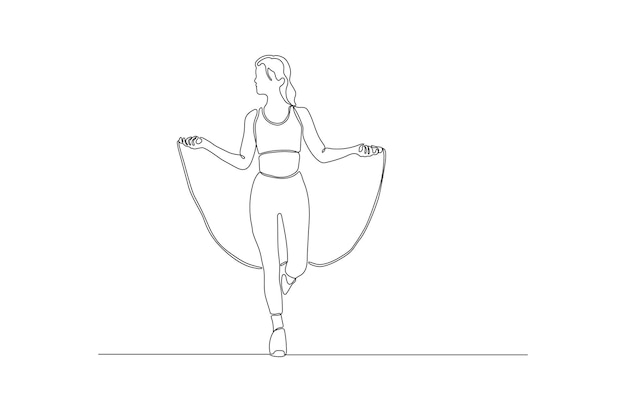 Dibujo de línea continua de un entrenamiento de mujer con ilustración de vector de cuerda de saltar Vector Premium