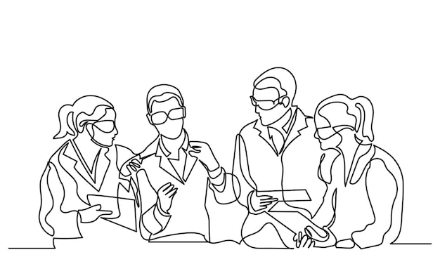 Dibujo de línea continua del equipo de científicos que trabajan en el laboratorio