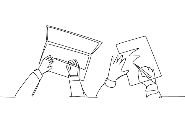 Un dibujo de línea continua de escritura manual en el teclado de una computadora portátil y acuerdo de contrato de firma manual