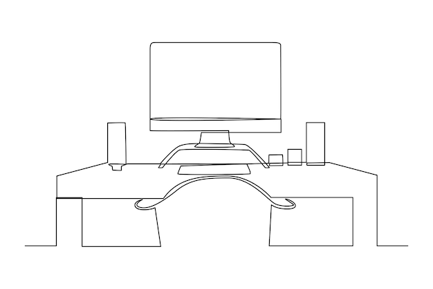 Un dibujo de línea continua del espacio de trabajo del empleado con mesa y computadora Concepto de mesa de espacio de trabajo Ilustración de diseño de dibujo de una sola línea