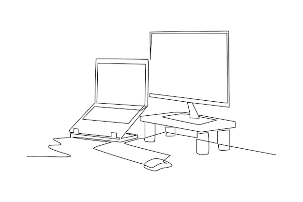 Un dibujo de línea continua del espacio de trabajo con portátil y computadora en la mesa Concepto de mesa de espacio de trabajo Ilustración de diseño de dibujo de una sola línea