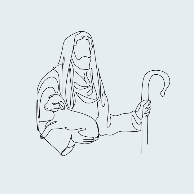 Dibujo de línea continua de estilo lineal de Jesucristo y escena cristiana de la Biblia dibujada a mano de hijo o