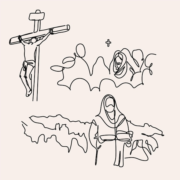 Vector dibujo de línea continua de estilo lineal de jesucristo y escena cristiana de la biblia dibujada a mano de hijo o