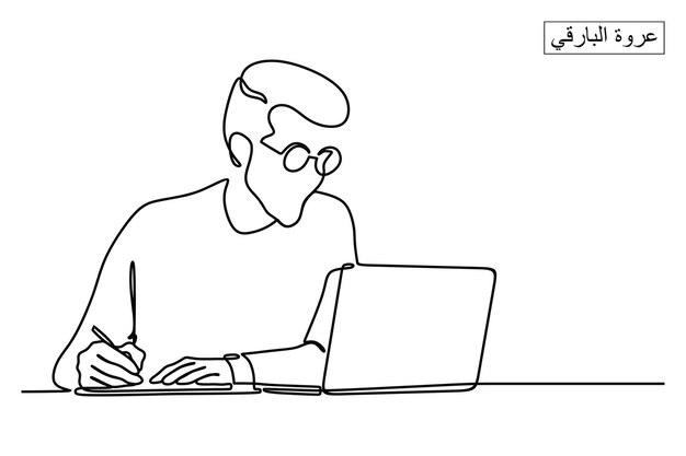 Dibujo de línea continua Estudiante escribiendo en el papel mientras estudia frente a la computadora portátil