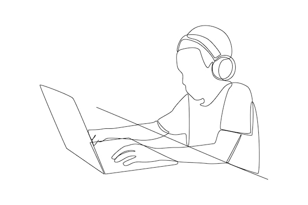 Un dibujo de línea continua de un estudiante fue una práctica con una computadora portátil. Práctica simple, concepto minimalista, trazo editable.