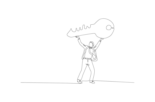 Dibujo de línea continua del éxito del hombre de negocios con la ilustración de vector de icono clave Vector Premium