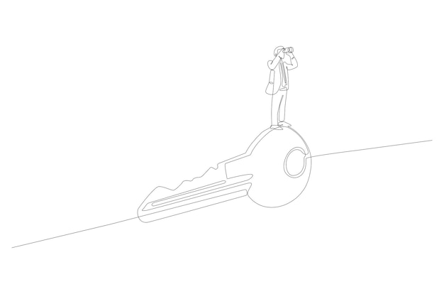 Dibujo de línea continua del éxito del hombre de negocios con la ilustración de vector de icono clave Vector Premium
