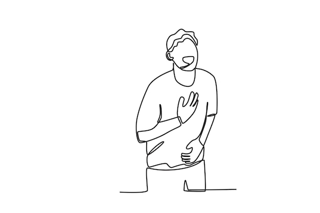 Un dibujo de línea continua Expresiones faciales dibujadas a mano de un hombre riendo mientras sostiene el estómago y el cuello
