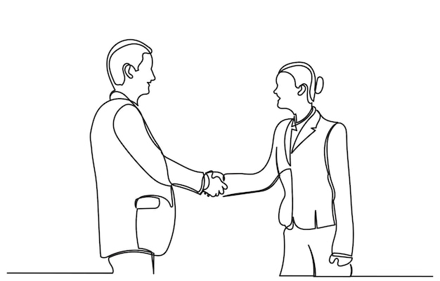 dibujo de línea continua de felices socios de negocios confiados hombres estrechando la mano vector de arte de línea