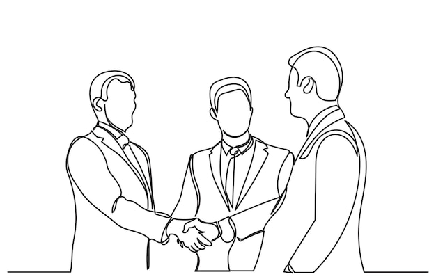 dibujo de línea continua de felices socios de negocios confiados hombres estrechando la mano vector de arte de línea