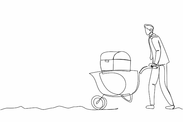 Un dibujo de línea continua feliz de un hombre de negocios empujando un carro con un diseño vectorial de cofre del tesoro