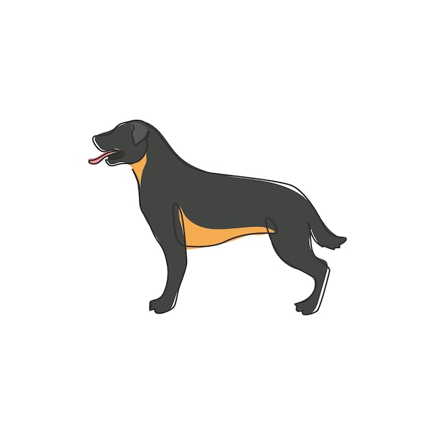 Un dibujo de línea continua del feroz logotipo del perro rottweiler. Mascota de perro de raza pura para un ícono amigable de mascota.