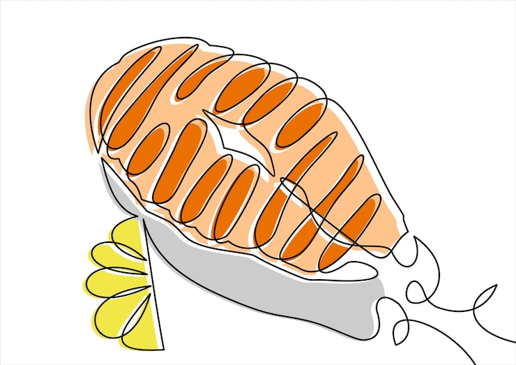Vector dibujo de línea continua filete de salmón con limón