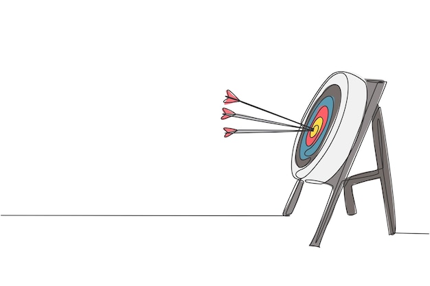Un dibujo de línea continua de flechas fue disparado bullseye al objetivo de tiro con arco vector de diseño de vista lateral