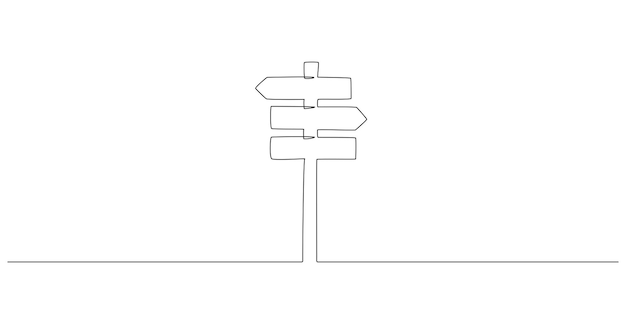 Un dibujo de línea continua de flechas de señalización de dirección de la carretera a la derecha e izquierda y la placa. Símbolo de puntero en estilo de trazador de líneas simple. Ilustración de vector de banner web, plantilla de diseño, postal