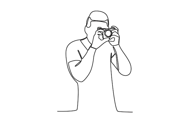 Un dibujo de línea continua de un fotógrafo masculino tomando una foto desde el lado derecho
