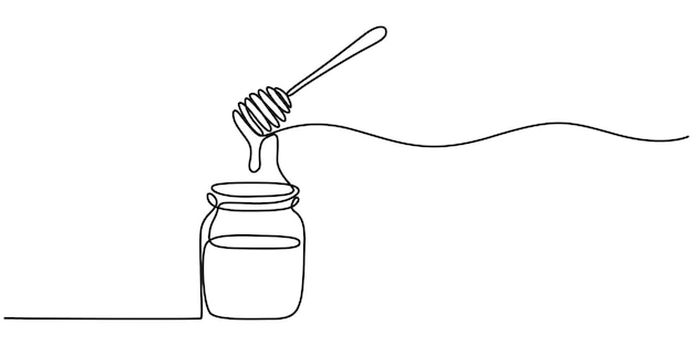 Un dibujo de línea continua de un frasco de miel con un vector de dipper continuo un dibujo de una sola línea