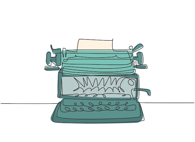 Un dibujo de línea continua del frente de una antigua máquina de escribir vintage desde la vista Vector de diseño de oficina clásico