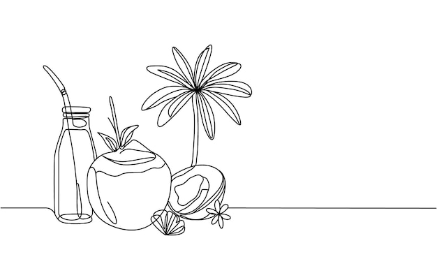 Dibujo de línea continua de la fruta del coco Ilustración vectorial Dibujo continuo de una línea de la playa