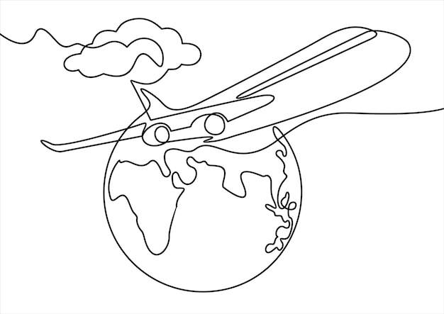 Un dibujo de línea continua del globo terrestre con la ruta de vuelo del avión en el mapa mundial