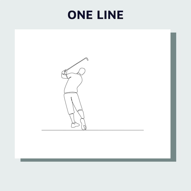 Vector el dibujo de línea continua del golfista golpea la pelota en pleno apogeo para competir