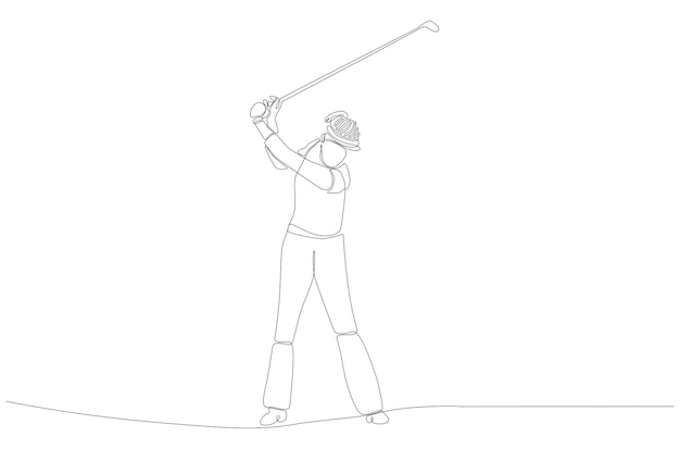 Dibujo de línea continua de golfista golpeando la pelota con ilustración de vector de swing completo vecto premium