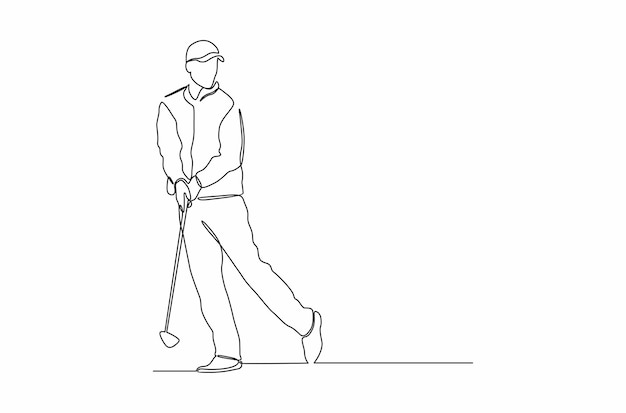 Dibujo de línea continua de un golfista haciendo un swing para golpear la pelota Vector Premium