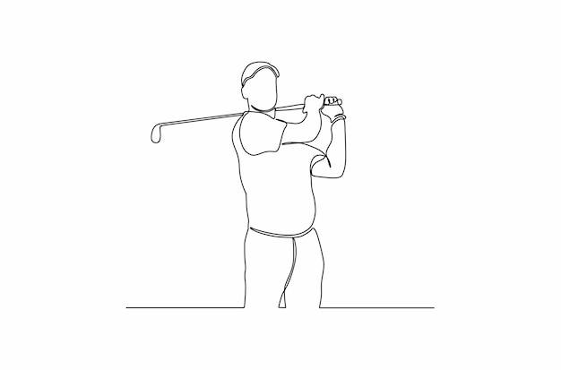 Dibujo de línea continua de un golfista haciendo un swing para golpear la pelota vector premium