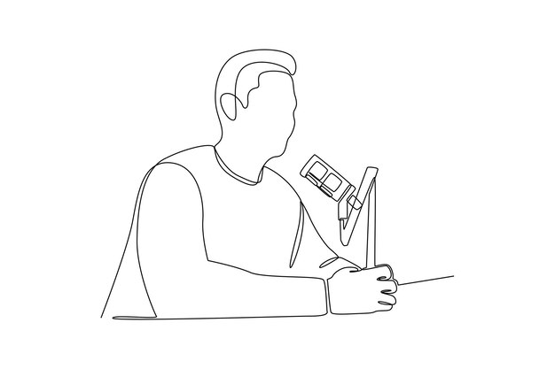 Un dibujo de línea continua de la grabación de podcast de audio o concepto de programa en línea