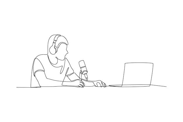 Un dibujo de línea continua de la grabación de podcast de audio o concepto de programa en línea