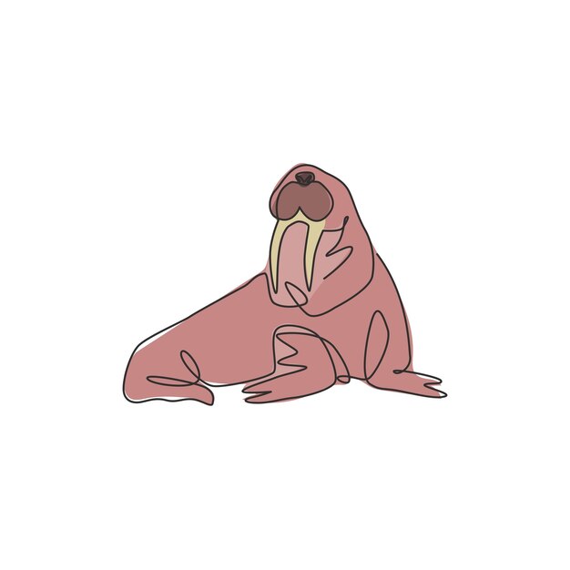 Un dibujo de línea continua de una gran morsa para el logotipo de la compañía Odobenus rosmarus ilustración vectorial