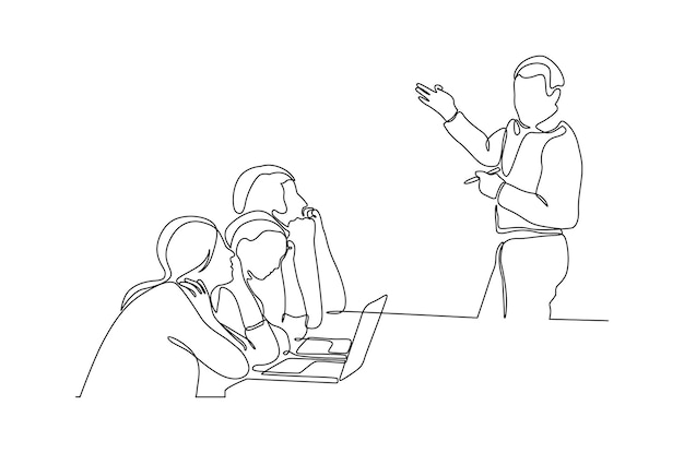 Dibujo de línea continua de un grupo de personas en la ilustración de vector de reunión de trabajo Vector Premium