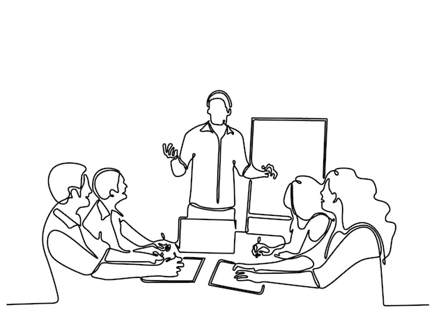 Dibujo de línea continua de un grupo de personas de negocios que discuten en una sala de conferencias Creativo