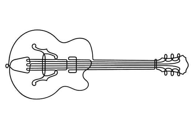 Un dibujo de línea continua guitarra eléctrica de seis cuerdas aislada sobre fondo blanco.