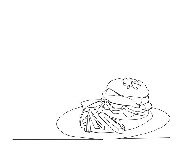 Dibujo de línea continua de Hamburguesa y patatas fritas en una ilustración vectorial de hamburguesa de línea única dibujada a mano en estilo minimalismo
