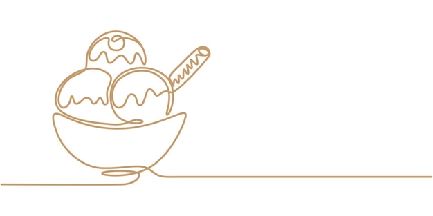 Un dibujo de línea continua de helado en un cuenco Helado con cereza en un plato dibujado a mano libre