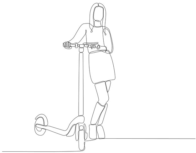 Dibujo de línea continua Hermosa chica en un scooter vector premium