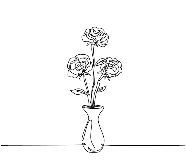 Un dibujo de línea continua de una hermosa flor de rosa en un jarrón de porcelana Vector de logotipo de saludo moderno