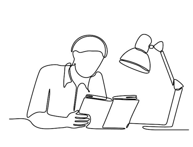 dibujo de línea continua de un hombre aprendiendo a leer un libro