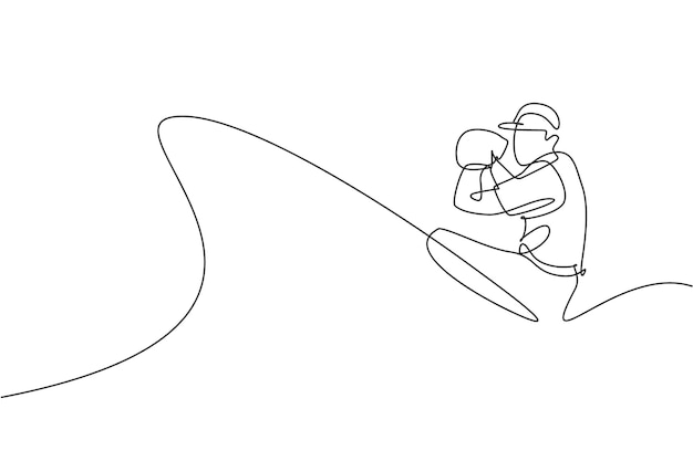 Un dibujo de línea continua hombre deportivo jugador de béisbol lanzar la pelota en serio Vector de diseño deportivo