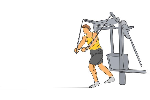 Un dibujo de línea continua de un hombre deportivo trabajando con un vector de diseño de máquina de cable cruzado