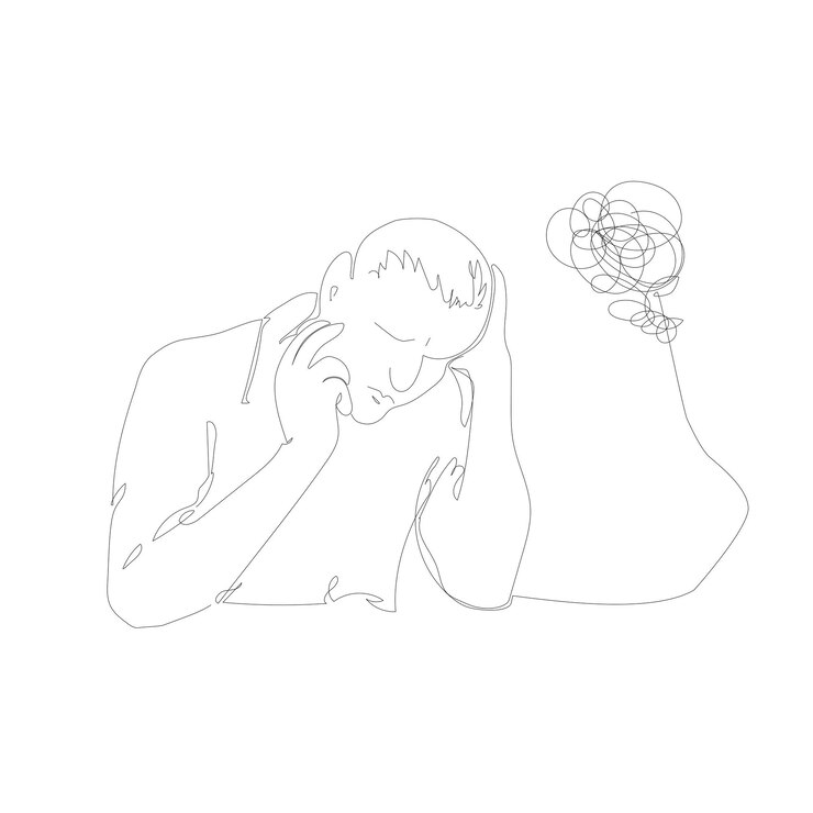 Dibujo de línea continua de un hombre en dibujos tristes molestos y dolorosos